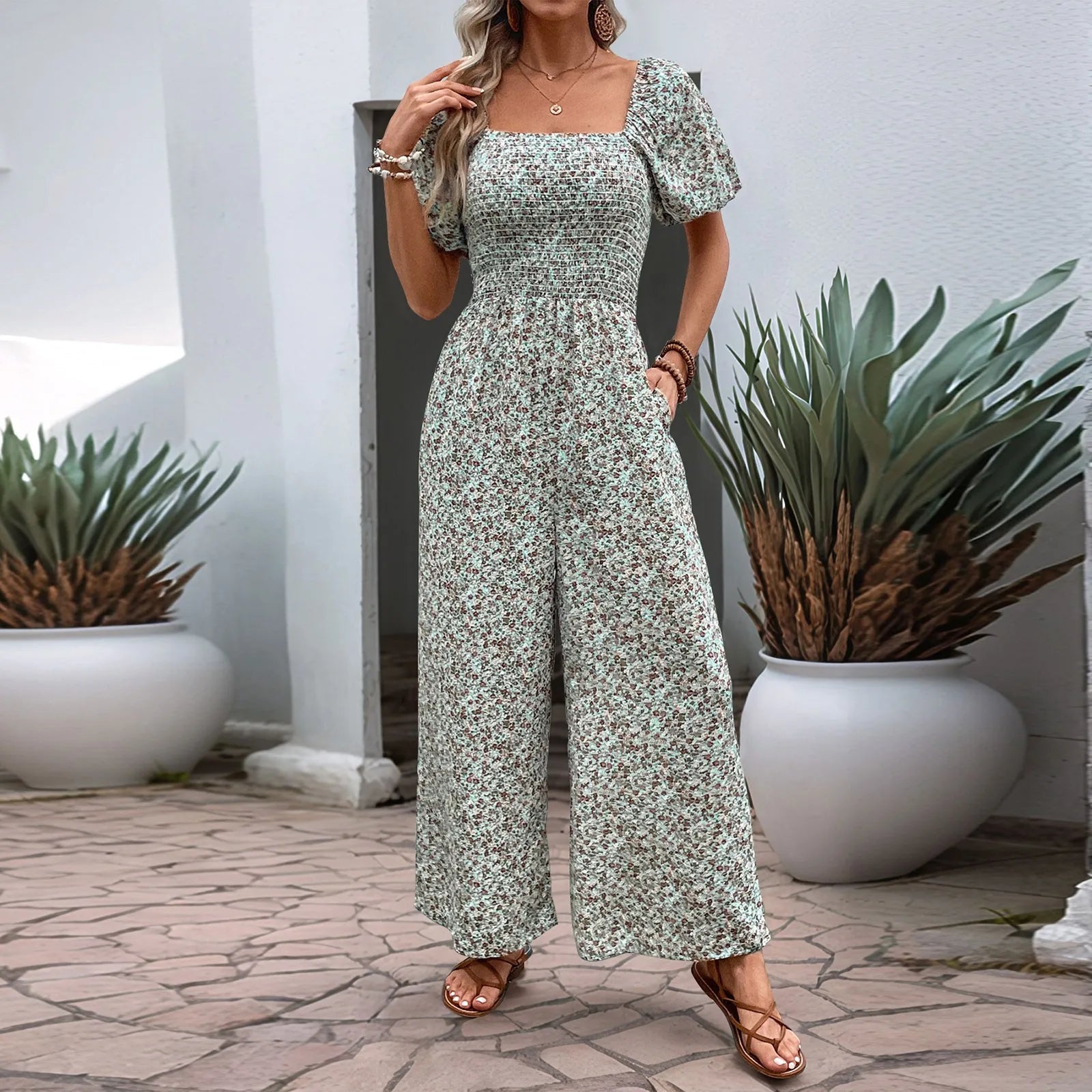 Bohemian Vacation Holiday Jumpsuit Women Pleated Wide Leg Rompers Chiffon Print Ethnic Playsuit Summer Casual Jumpsuits Badiee Stylez