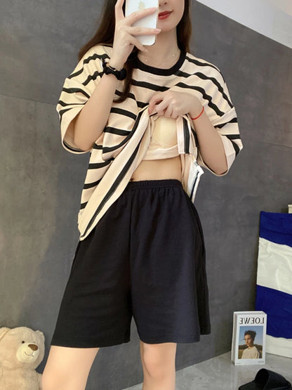 Women's Summer Spwear ort Sve Thin Striped Home Clothes Two-Piece Set with Chest Pad Milk Silk round Ne Pullover