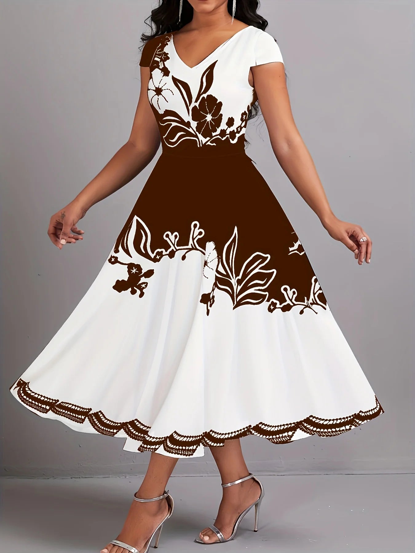 Plus Size Peplum Floral Print Dress - Elegant V-Neck, Short Sleeves, Scalloped Hem, Medium Stretch, Zipper Closure, Machine Wash Brown