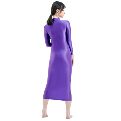 XCKNY Glossiness Series dress high neck long sleeve skirt silk longuette elastic silk tight skirt sports skirt sexy tight dress