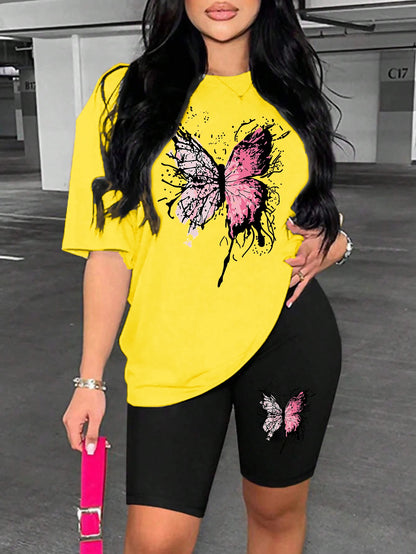 Beautiful Butterfly Pattern Print For Women Short Sleeved Shorts Set Soft Essential Two Piece Set Sports Comfortable Shorts Sets Yellow-Black