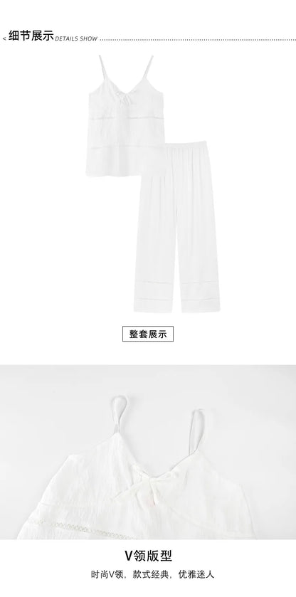 Women's Sexy Pajamas Set V-Neck Strap Suit Elegant Minimalist Faux Cotton Bow Sleeveless Top Long Pants Sleepwear Bra Pads