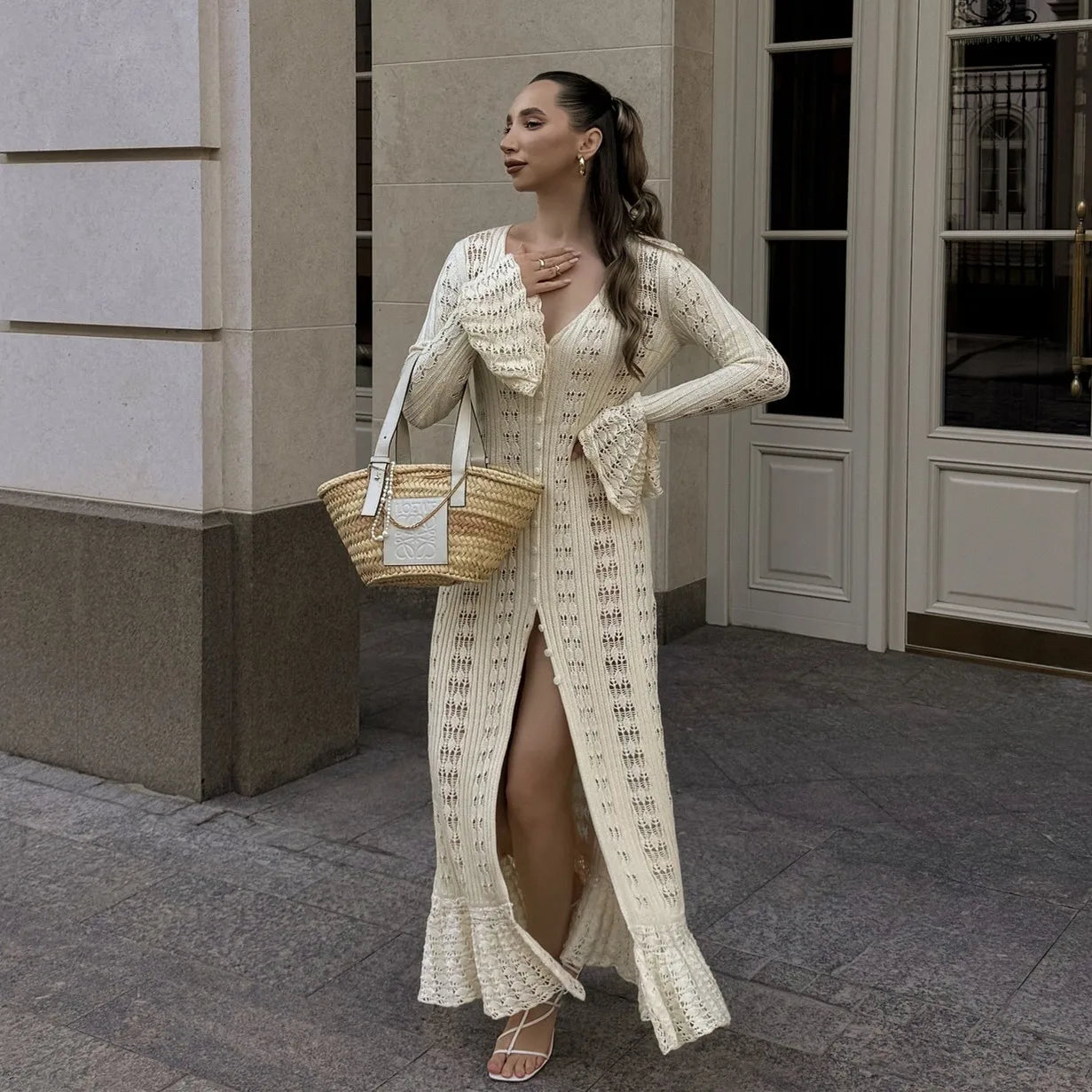 hirigin Button Front Long Sleeve Sheer Open-knit Long Cover-up Jacket Women Autumn Beach Vacation Outfit Maxi Cardigan