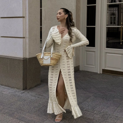 hirigin Button Front Long Sleeve Sheer Open-knit Long Cover-up Jacket Women Autumn Beach Vacation Outfit Maxi Cardigan