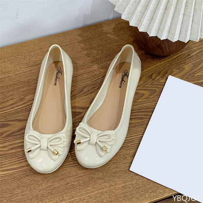 Women's Low cut Ballet Flats Shoes Casual Retro Bow Patent Leather Slip on Flat Round Toe Shallow mouth Loafer Mujer Zapatos apricot