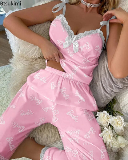 New 2025 Women's Summer Pajama Sets Lace Design V-neck Pajamas Soft Fabric Two-piece Print Sleepwear Ladies' Suspender Pants Set