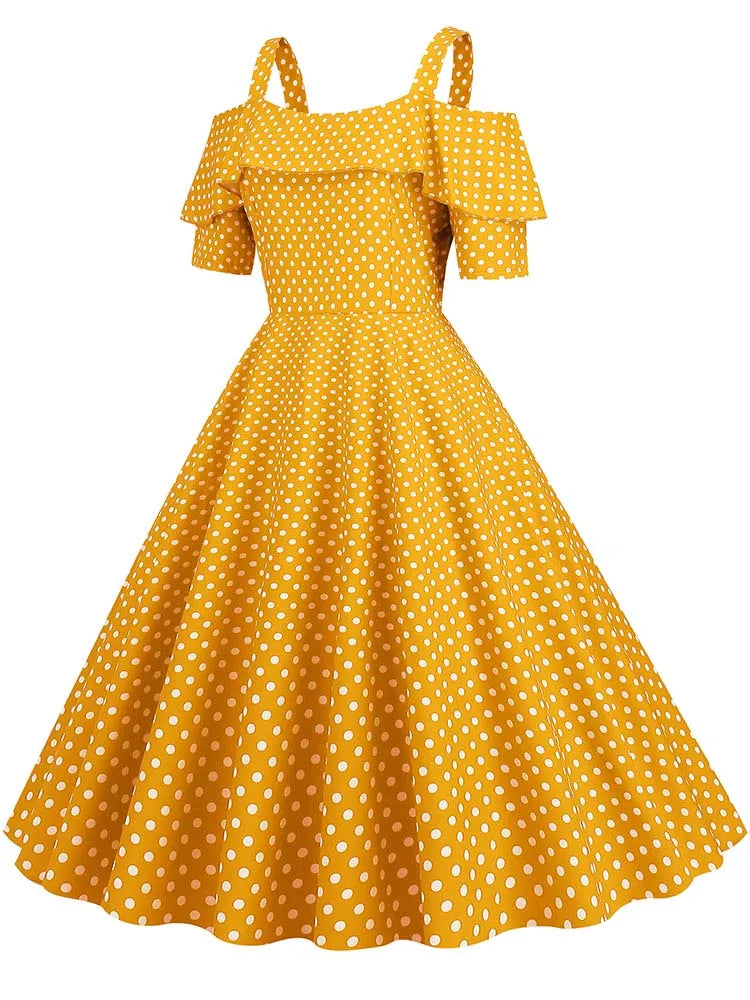 Off the Shoulder Elegant Vintage Party Dress Women Summer Polka Dot Ruffles A Line Midi Dresses