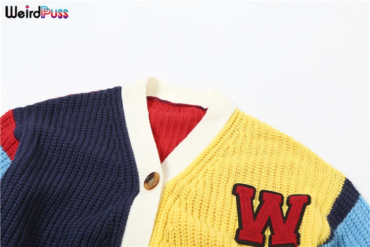 Weird Puss Y2K Cardigan Sweater Women Letter Print Casual Wild V-Neck Button Colorful Patchwork Street Trend Hipster Knit Coat