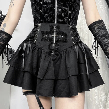 Gothic Black Lace Cross Mini Skirt Y2k Grunge Punk High Waist Pleated A-Line Skirts Vintage Women Girl Aesthetic Alt Clothes 2916