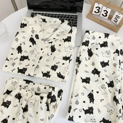Summer Cloud Cotton Spwear Set Women's ort Sve Long Pants Home Clothes Cartoon Print Comfortable Breathable Nightgown Cz three-piece setKitten