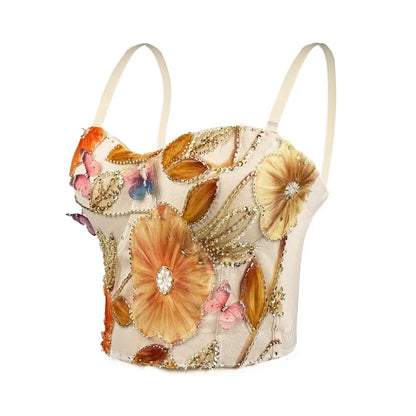 Flower Embroidery Bead Fish Bone Suspender Women Bra Sexy Exposed Waist Metal Buckle Top Party Vacation Female Tops 2025 Summer color