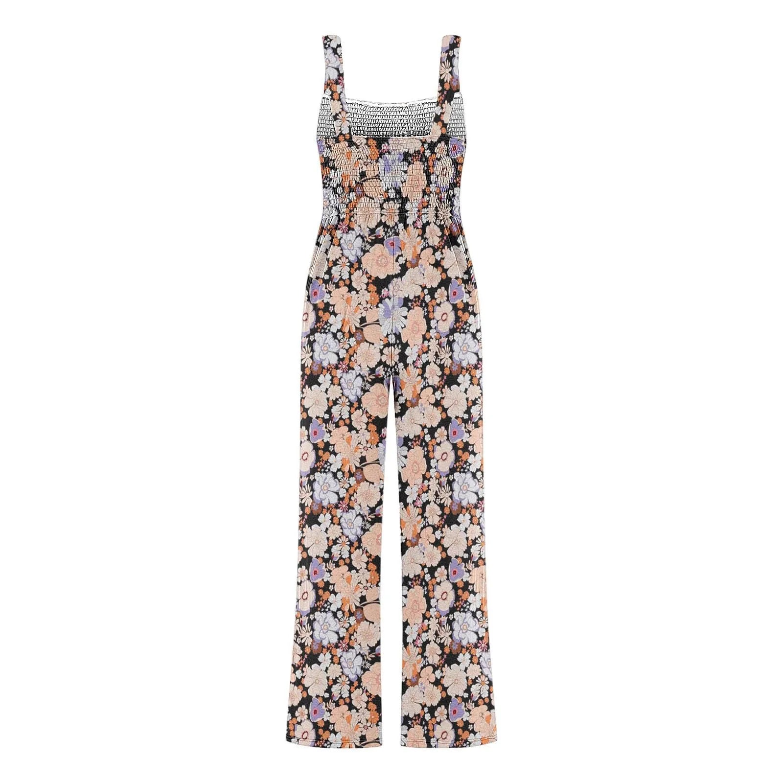Women'S Suspender Jumpsuits Fashion Trend Pleated Shoulder Straps Printed Pocket Loose Wide Leg Jumpsuits Daily Casual All-Match