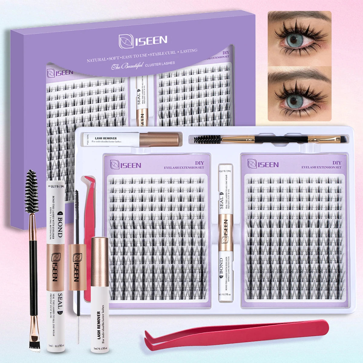 ISEEN DIY Eyelash Extension Kit Cluster Mix Eyelashes Full Set Lashes Kit with Lash Bond & Seal and Eyelash Tweezers and Brush Fairy Kit