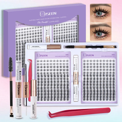 ISEEN DIY Eyelash Extension Kit Cluster Mix Eyelashes Full Set Lashes Kit with Lash Bond & Seal and Eyelash Tweezers and Brush Fairy Kit