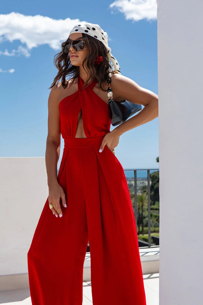 Sexy Solid Sleeveless Jumpsuit Spring Summer Fashion Commuter Women's Elegant Lapel Halter Neck Folds Wide Leg Trousers Jumpsuit Badiee Stylez