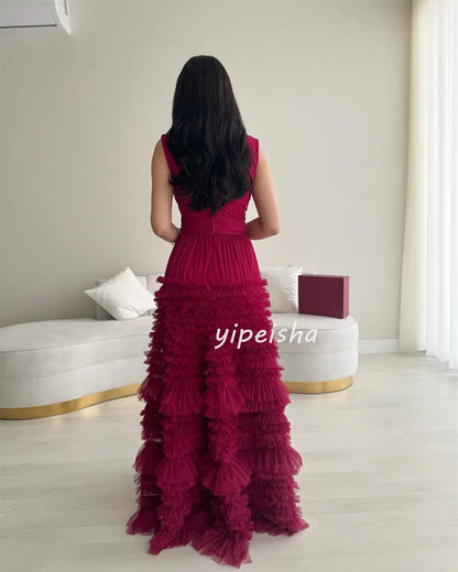 Customized Fashion Classic Tulle Pleat Ruched Tiered A-line V-neck Long Dresses Bespoke Occasion Dresses Matching Exquisite Badiee Stylez