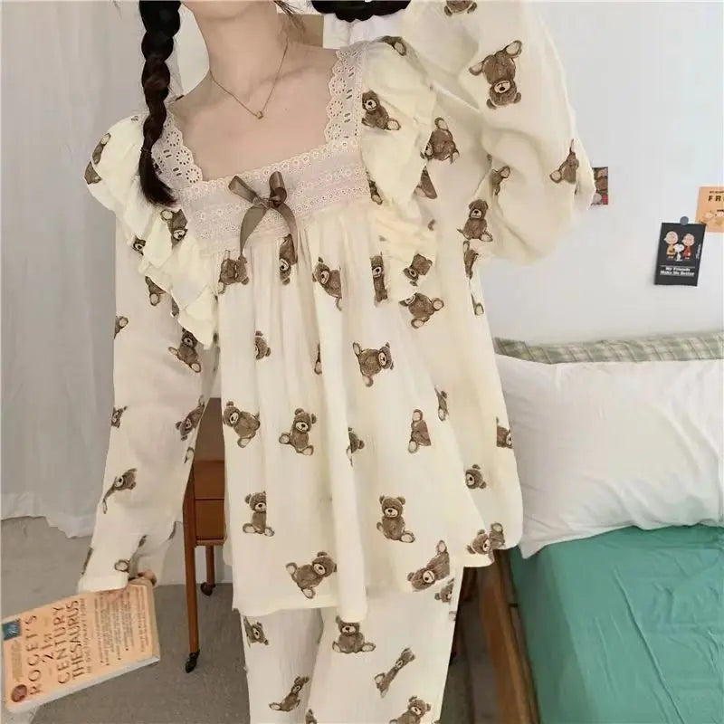 Spring and Autumn New Women's Pajamas Homewear Suit Female Court Style Doll Collar Japanese Girl Plaid Autumn and Winter Homewea 6005