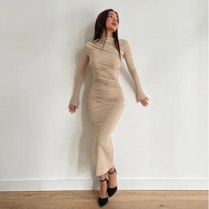 Sexy Bodycon Long Sleeve Midi Dress Women 2024 Autumn Slim Solid Party Package Hip Elegant Dresses For Women Robe Femme
