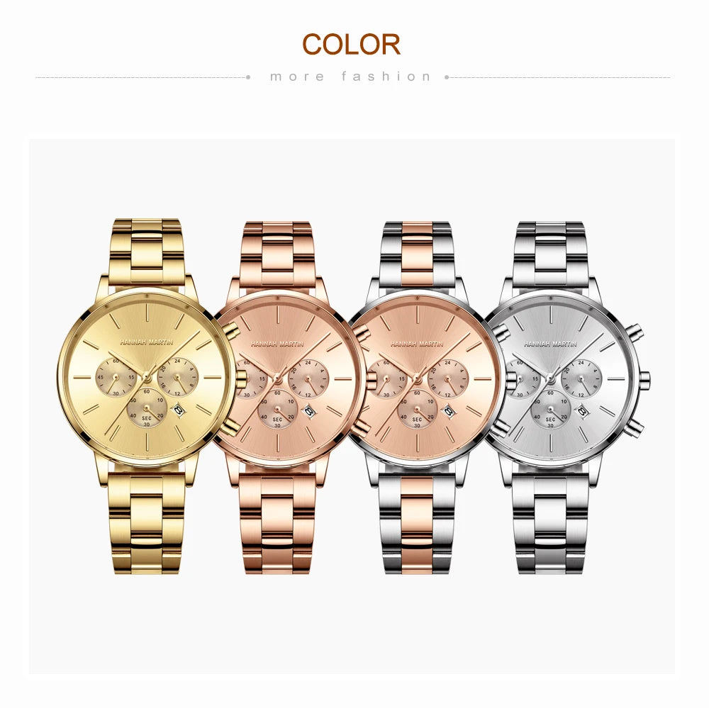HANNAH MARTIN Brand Women Multifunctional Watch Original Stainless Steel Rose Gold 36mm Quartz Movement Casual Banquet Wristatch