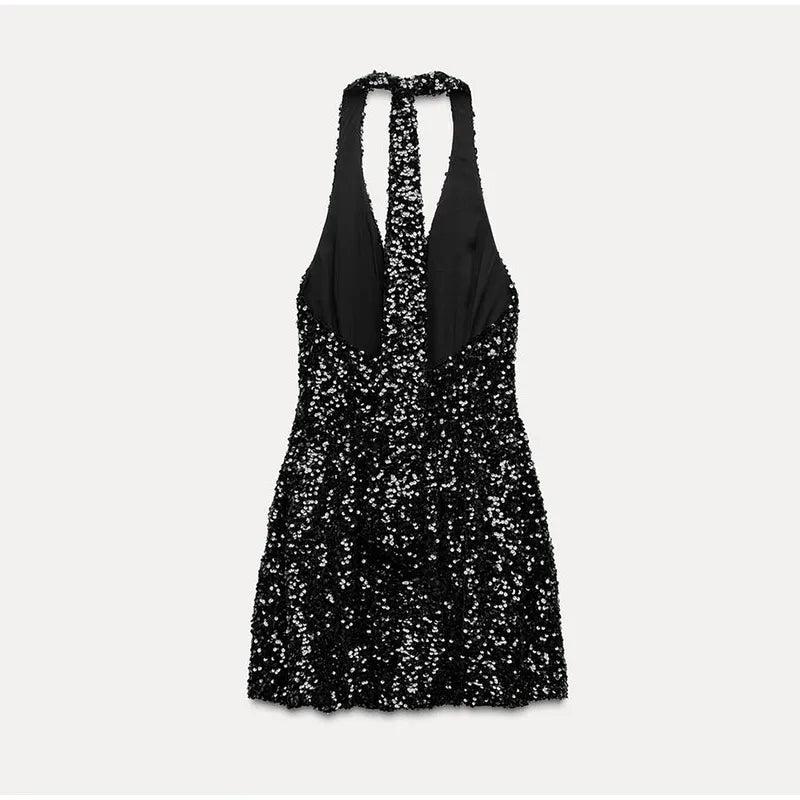Sexy Sequins Short Black Party Dresses for Women Halter V Neck Backless Sparkly Ruffles Woman Mini Dress 2025 New Club Gowns