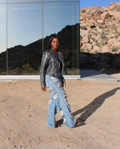 Jeans Women Long Pants Elegant Splice Denim Pant Slim Fit Sexy Hole High Waist Button Pocket Straight Trousers Summer 2024