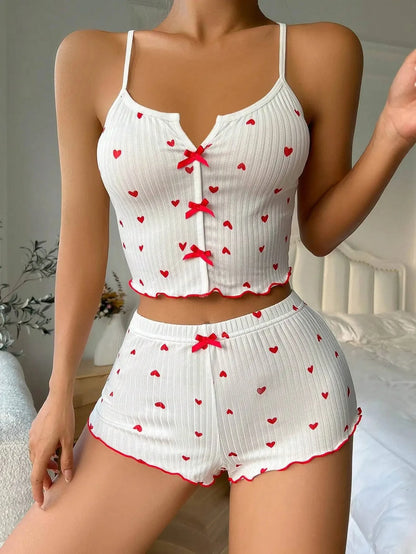 Y2K Cute Floral Print Ribbed Pajama Set Womens Cami Crop Top Shorts Two Piece Sleepwear Loungewear Set Lettuce Trim Bow Button