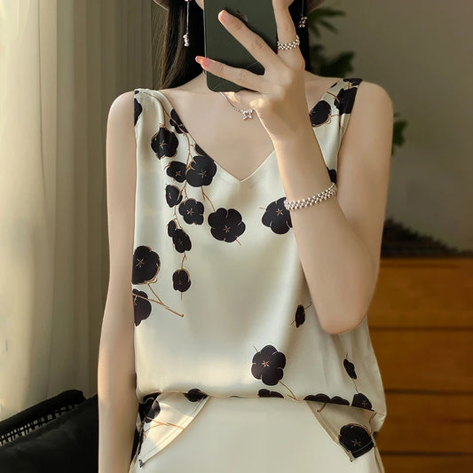 High-end Silk Camisole Vest For Women's Summer Outerwear With a Design Sense Of Suit And Mulberry Silk Top Rong Wan D24