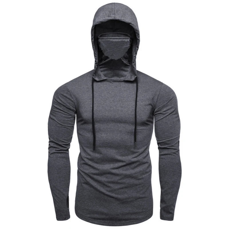 new Mens Gym Thin Hoodie Long Sleeve Hoodies With Mask Sweatshirt Casual Splice Large Mask Hoodie Sweatshirt Hooded Tops Cycling Long sleeve mask 2