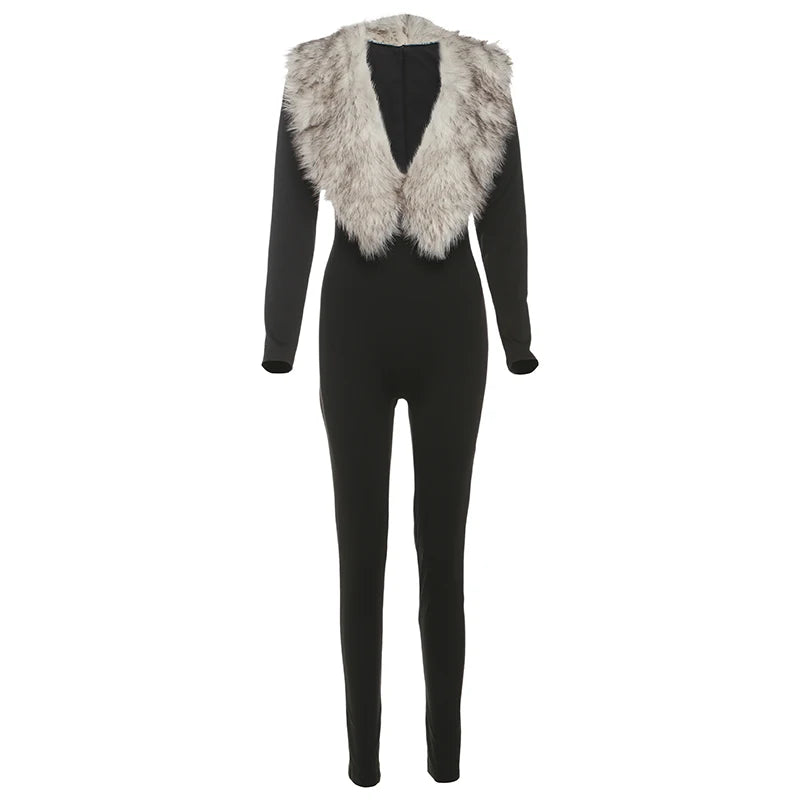 Nibber Autumn Trend Sexy Junpsuits+Furry Foot Cover Woman Low-Neck Full Sleeve Skinny Peach Hip Midnight Party Fashion Clubwear Badiee Stylez