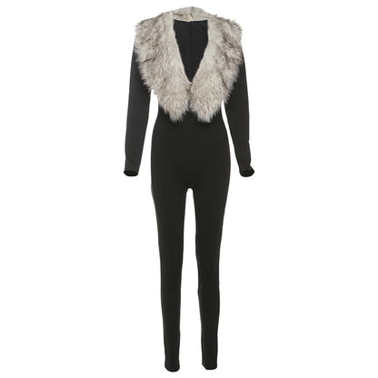 Nibber Autumn Trend Sexy Junpsuits+Furry Foot Cover Woman Low-Neck Full Sleeve Skinny Peach Hip Midnight Party Fashion Clubwear Badiee Stylez