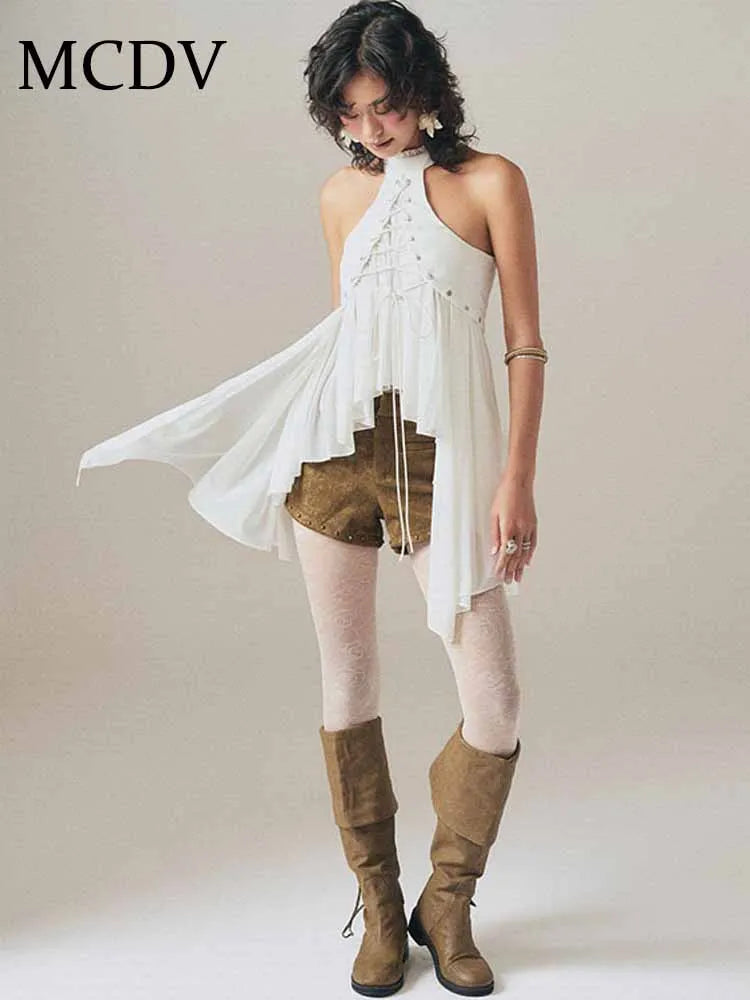 MCDV Mesh Patchwork Irregular Ruffles Vest Women Cross Bandage Elegant O-Neck Sleeveless Slim Tank Tops Y2K Summer Clothes Tees