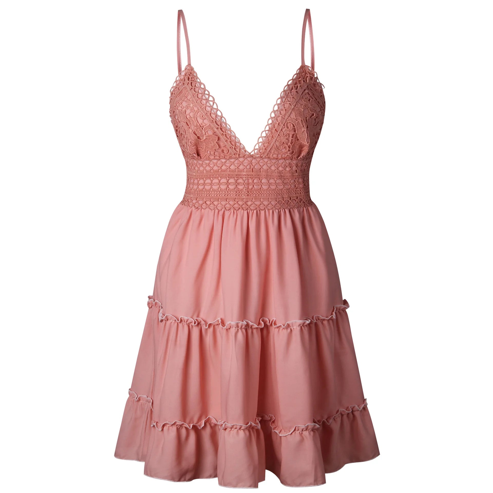 Female New Summer Fashionable Solid Color Dress Sexy Lace Strap Elegant Dresses Splicing Women's Seaside Vocation Wear