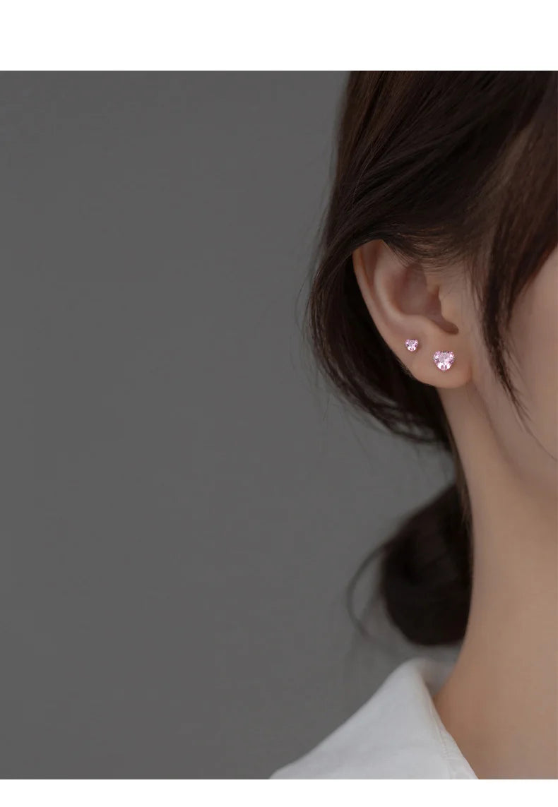 TrustDavis Real 925 Sterling Silver Earrings Cute Pink Heart Charm Shiny CZ Stud Earrings for Women Kids Teen Jewelry DS3731