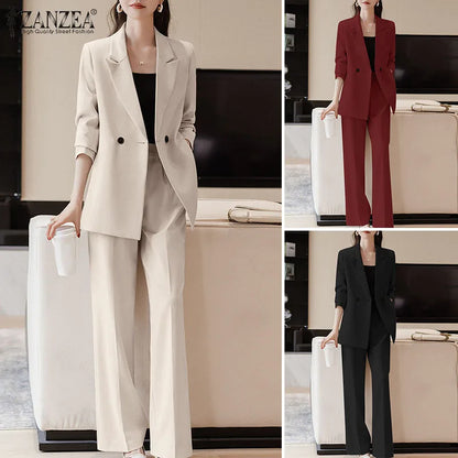 ZANZEA Korean Fashion Blazer Tops 2pcs Suits Autumn 2024 Solid Color Women Elegant Pant Sets Trousers Commute Blazer Suits