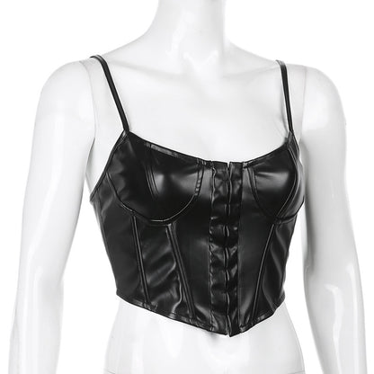 Women Corset Bustier Crop Top Lace-up Bandage Black Gothic Leather Underbust Suspender Cami Vest Waist BodyshaperTank Cummerbund