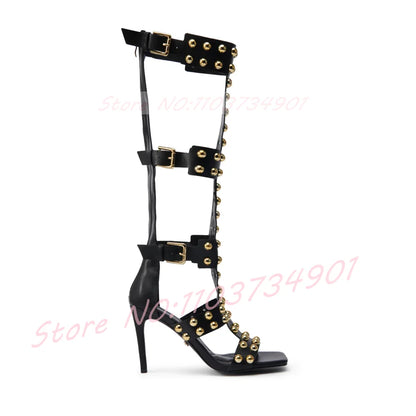 Gold Dome Studs Sandals Women Party Gladiator Open Toe Belt Buckle Zipper Knee High Shoes Female Sexy Black High Heels Sandals