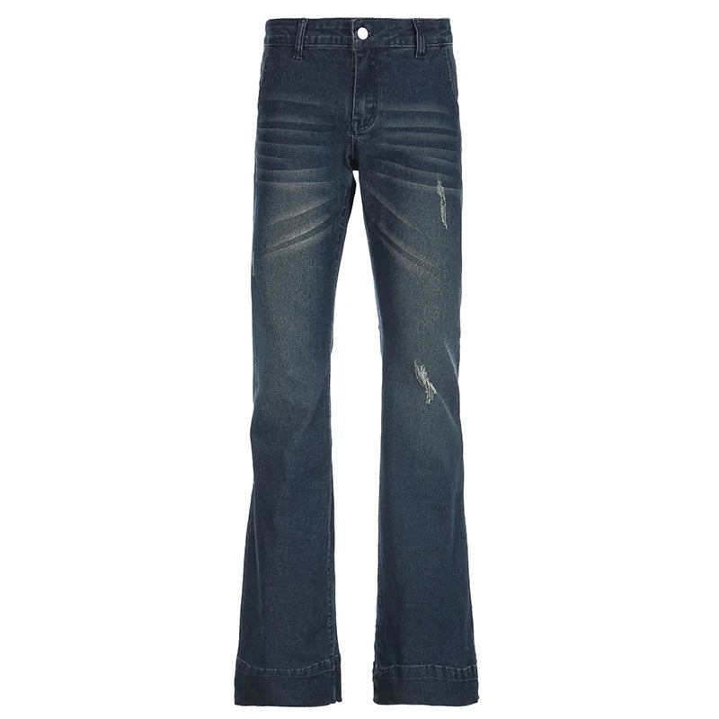 Weekeep Streetwear Low Rise Flared Jeans y2k Vintage Slim-fitting All-match Blue Denim Pants 2000s Casual Women's Jeans Harajuku