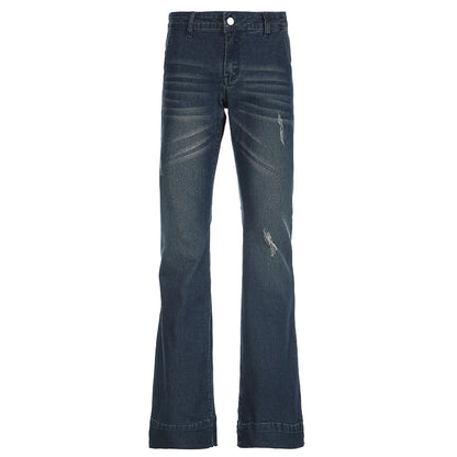 Weekeep Streetwear Low Rise Flared Jeans y2k Vintage Slim-fitting All-match Blue Denim Pants 2000s Casual Women's Jeans Harajuku