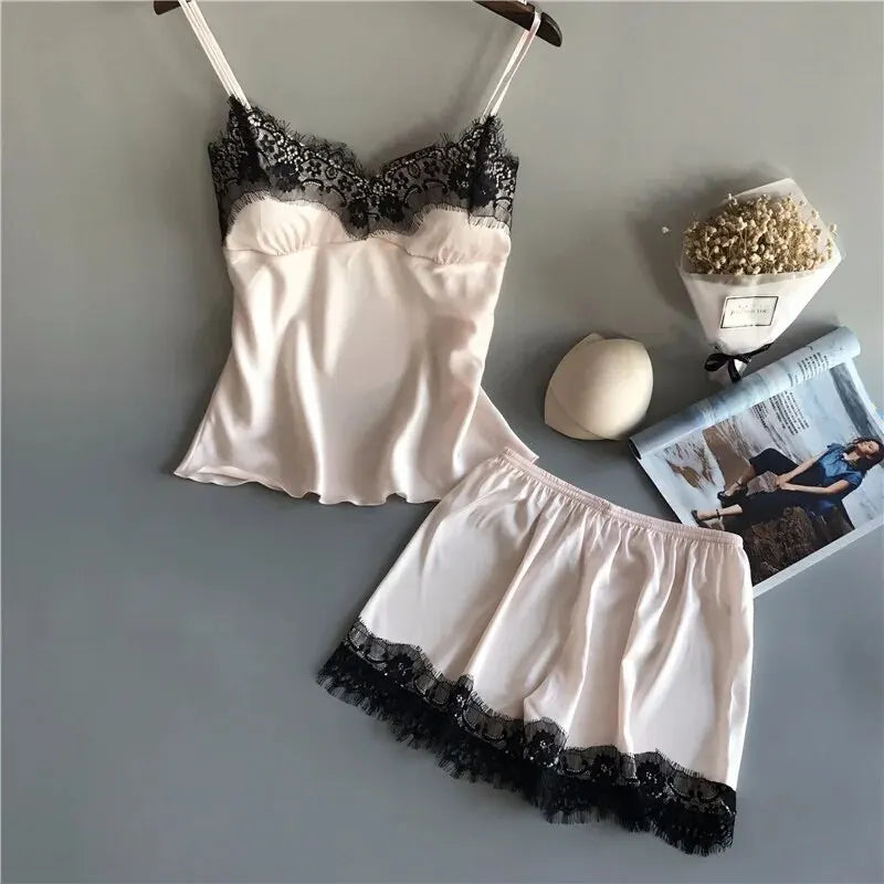 Women Pajama Suit Fashion V-Neck Lace Sexy Lingerie Pyjamas Sleep Shorts Set Sleepwear New