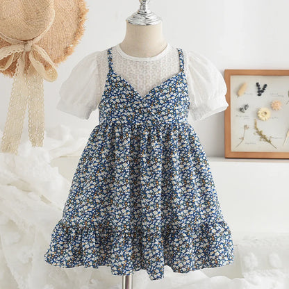 Bear Leader Girls Floral Dresses 2023 Summer New Children's Rustic French Chiffon Floral Fake Two Pieces Halter Dress AZ3387 blue