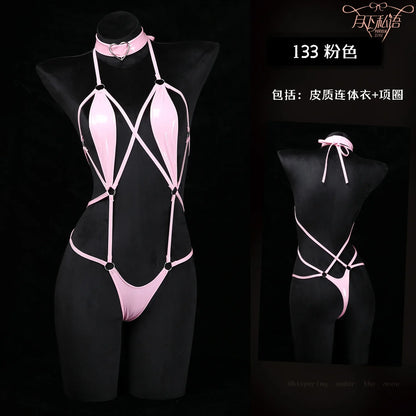 Anime Cosplay Girls Halter Leather Swimsuit Cross Straps Bandage Jumpsuit Bodysuit Lingerie Costumes Hollow Out Pajamas Pink One Size