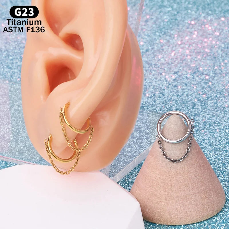 G23 Titanium Piercing Hoop Earring Dangling Chain Segment Ring Septum Clicker Ear Cartilage Helix Tragus Lobe Nose Body Jewelry