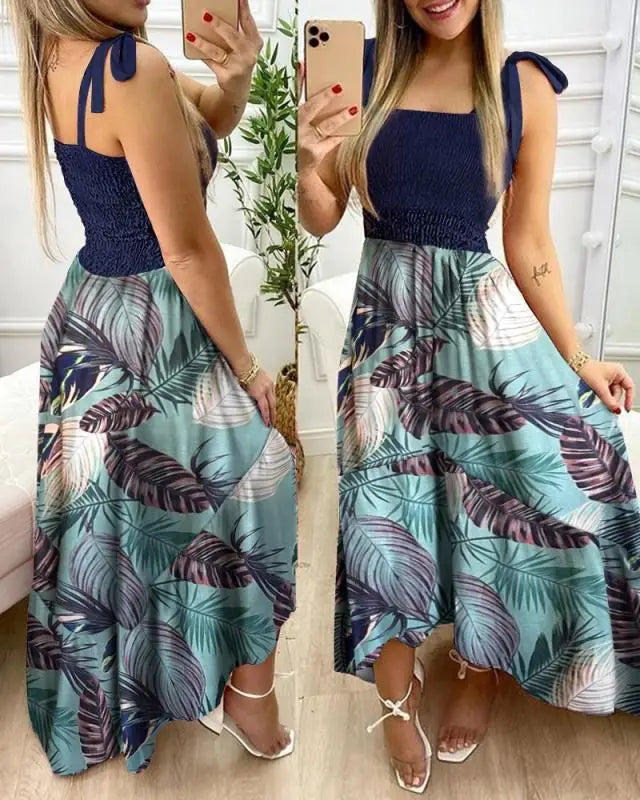 Summer Sexy Spaghetti Strap Floral Print Maxi Dress For Women Casual Elegant Chest Wrap Long Woman Beach Dress Holiday Navy Blue