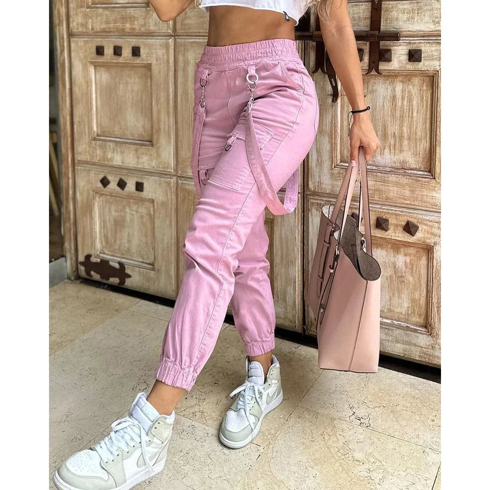 Women's Cargo Pants Casual Trousers 2024 Spring Autumn Solid Color Trend Street Pocket Design Cuff Suspenders Streetwear Women Pink