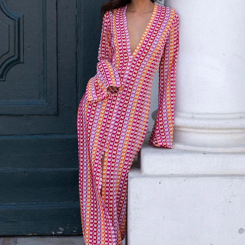 Crochet Colorful Stripe Flare Sleeve Maxi Dress Women V-neck High Split Sexy Lace Long Dresses 2024 New Beach Banquet Vestidos