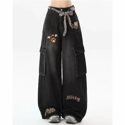 Y2K fashion retro cartoon embroidered women wide-leg jeans casual Harajuku loose pants street personality high-waisted jeans 1 6