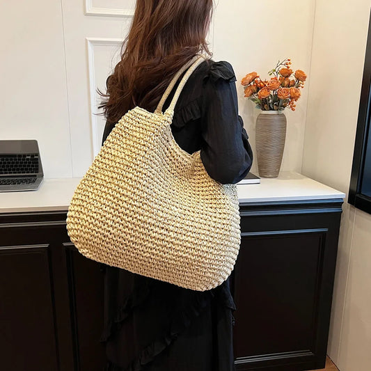 Women Straw Tote Handbag Large Capacity Vintage Shoulder Bag Solid Color Crochet Beach Handbag Ladies Summer Daily Bag