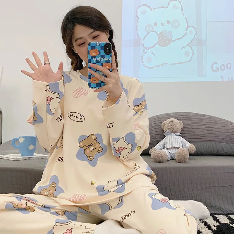 Women's Pajamas Two-Piece Casual Cute Comfortable Sleepwear Homewear Set Tops and Trousers Nightwear Lounge Wear Autumn Winter