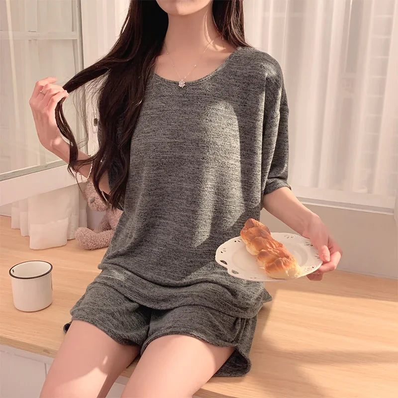 Hot with Chest Pad Pajamas Women 2025 New Summer Pure Cotton Short sleeve Shorts Set Spring and Autumn Loose Homewear B