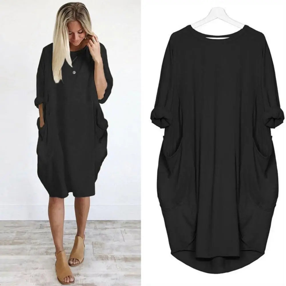 Women Casual Loose Dress with Pocket Fashion Ladies Solid Dress Women's O Neck Long Tops T Shirt Dress Streetwear Plus Size